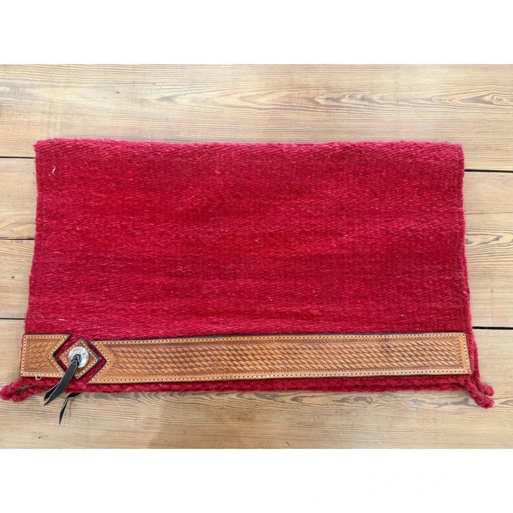 Western Wool Saddle Blanket Red Tooled Leather Wear Leathers Concho